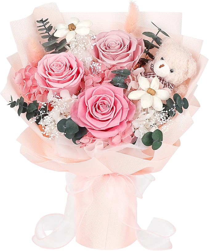 Preserved Flowers Bouquet with Bear, 3 Real Forever Flowers for Delivery, Long-Lasting Pink Eteranl Roses Bouquet, Anniver...