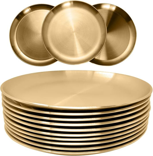 WANBY Stainless Steel Plates Gold Metal Dinner Plates Unbreakable Dinner Dishes Set for Kitchen Home Camping Outdoor Party...