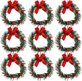 UUYYEO 10 Pcs Mini Christmas Wreaths Dollhouse Miniature Wreaths Christmas Candle Rings Garlands Red Berry Napkin Rings Xm...