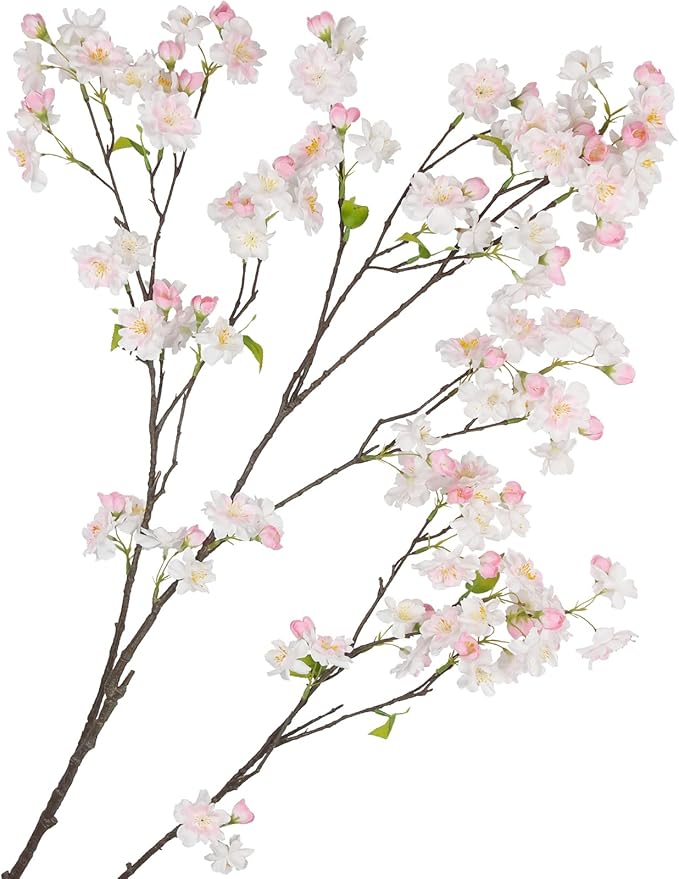 CISDUEO Cherry Blossom Branches Long Stem Artificial Flowers for Tall Vase Silk Flower Bulk White and Pink Plum Blossom Fl...