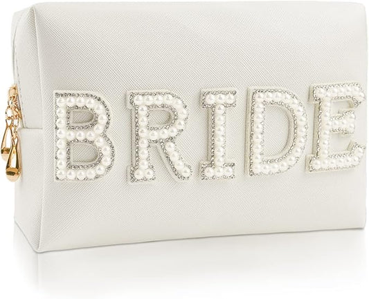 Kovewon Bride Patch Letter Makeup Bag for Women Bridesmaid Engagement Gift for Her White Pearl Rhinestone Travel Toiletry ...