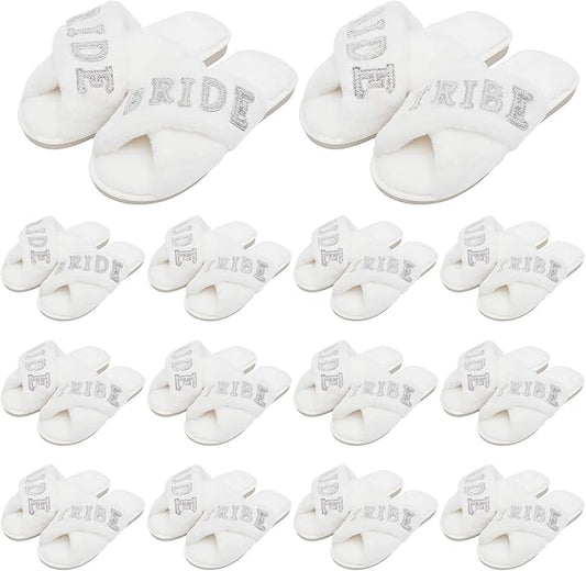Ramede 12 Pairs Women's Fuzzy Slippers Bulk Wedding Bridesmaid Slippers Cross Band Open Toe Bride Shoes for Bridal Bachelo...