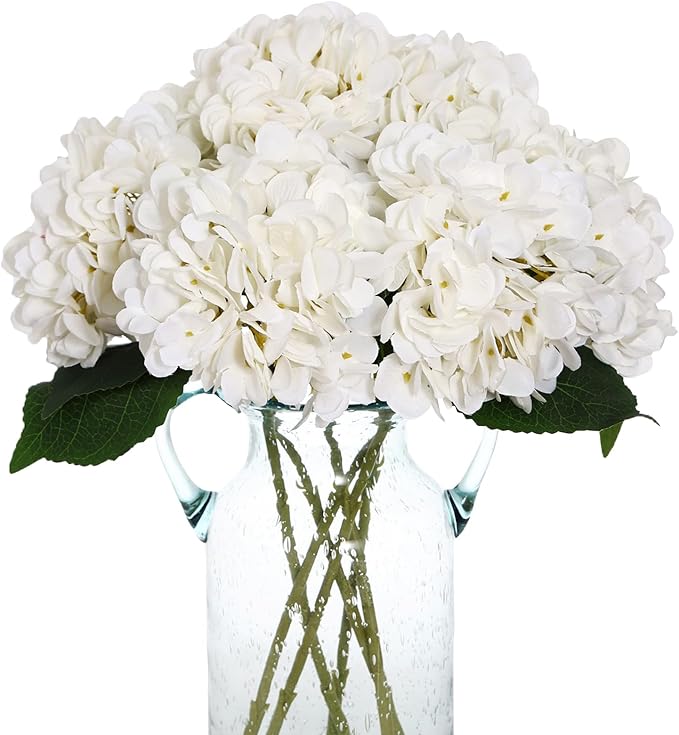 Kimura's Cabin 6pcs Faux White Hydrangeas Fake Flowers Artificial Silk Hydrangea Flower With Stems Bouquets Arrangement fo...