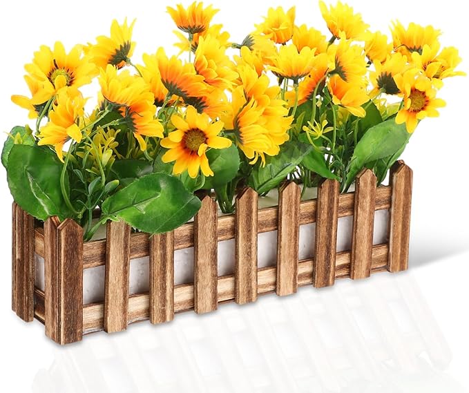 Yardwe Artificial Sunflower Plant with Picket Fence Pot 11.81In - Fake Sunflower Decoration for Home Office Classroom Corn...