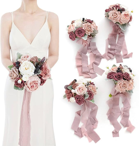 Ling's moment Artificial Bridesmaid Bouquets Set of 4,Dusty Rose Wedding Flower Bouquets Mauve Floral Bouquet Bridal Bouqu...