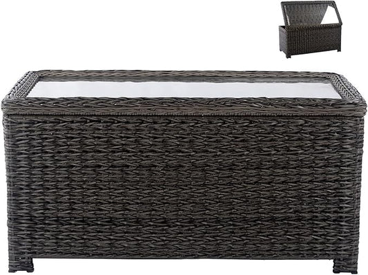 Krikacy Classic Wicker Patio Coffee Table with Storage, 40'' All-Weather Rattan Outdoor Coffee Tables, Tempered Glass Fli...