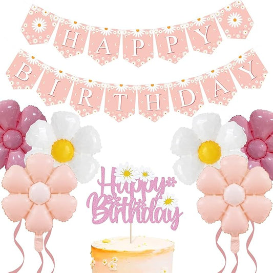ZHENGYE Pink Daisy Flower Party Decorations Set With Happy Birthday Banner Cake Topper 6 Pcs Daisy Balloon Flower Theme Pa...