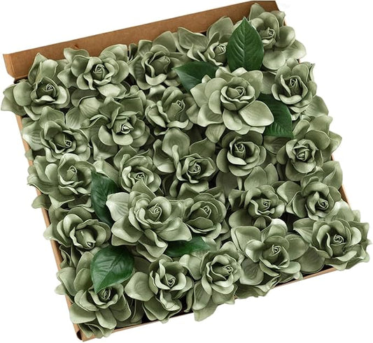 Ling's moment Flowers 25pcs Fake Gardenia Green Flowers Artificial Flowers with Stem, Fake Flower for DIY Wedding Decorati...
