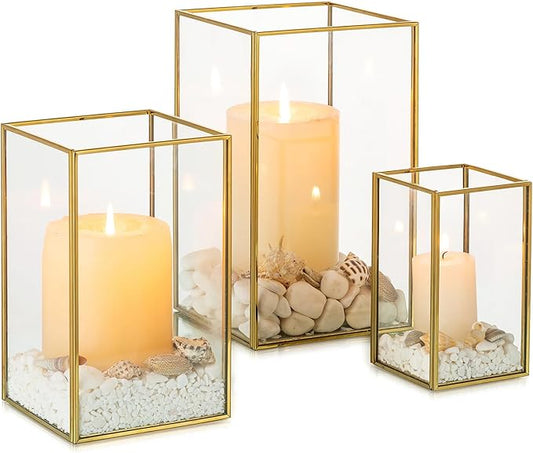 NUPTIO Hurricane Glass Candle Holders: 3Pcs Gold Lanterns Candle Holder for Pillar Candles Geometric Table Centerpiece for...