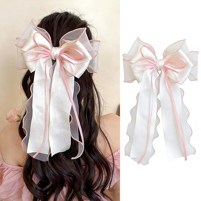 FRUZJAY Large Hair Bows Clips for Women Pink White Hair Bows Elegant Long Tail Bowknot Hairpins Spring Summer Hair Barrett...