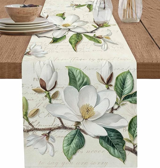 Vintage Floral Spring Table Runners 120 Inches Long, Rustic Botanical Table Runner Dresser Scarf, White Flower Farmhouse K...