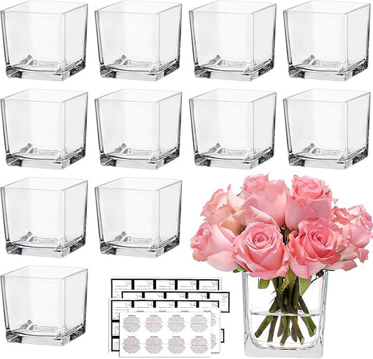 CONNOO 12 Pack Square Glass Vase 3" x 3" x 3", Clear Bulk Flower Vases for Centerpieces, Square Glass Cube Vase Floating C...