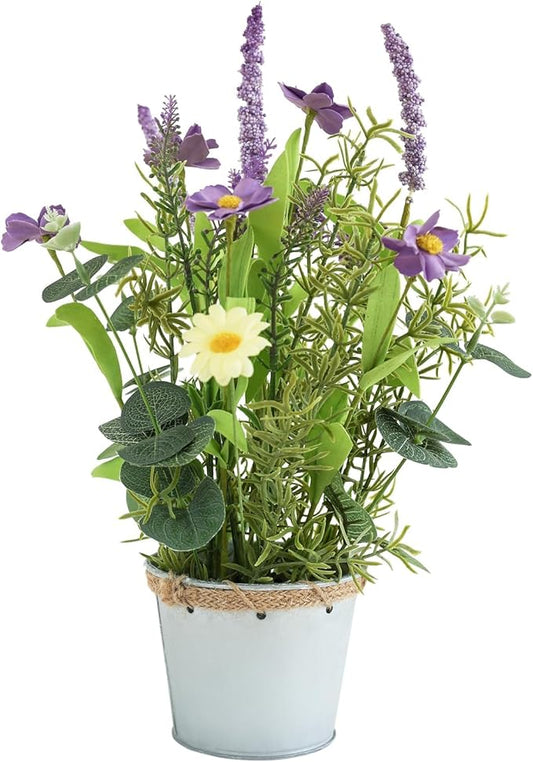 Hometrance Artificial Flowers Potted, 12.2'’ Flower Arrangement w/Daisy & Lavender in Metal Pot, Fake Plants for Home Wedd...