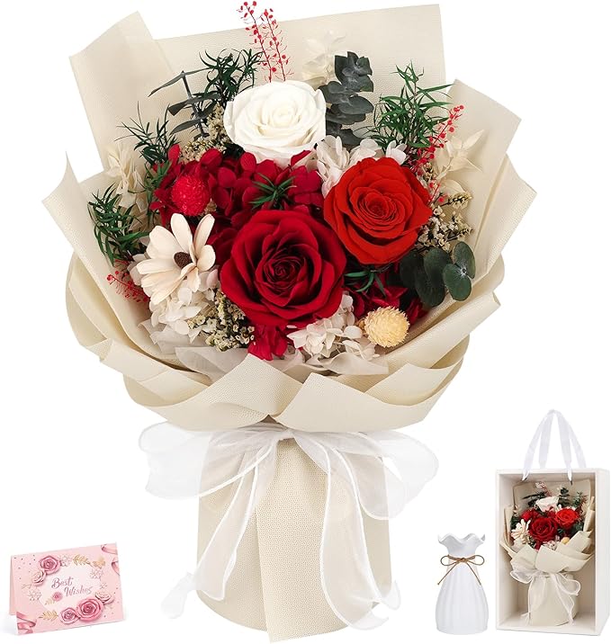 Flowers for Delivery Prime Preserved Flowers Bouquet with Vase That Last 3-5 Years Real Forever Flowers Red Rose Bouquet f...