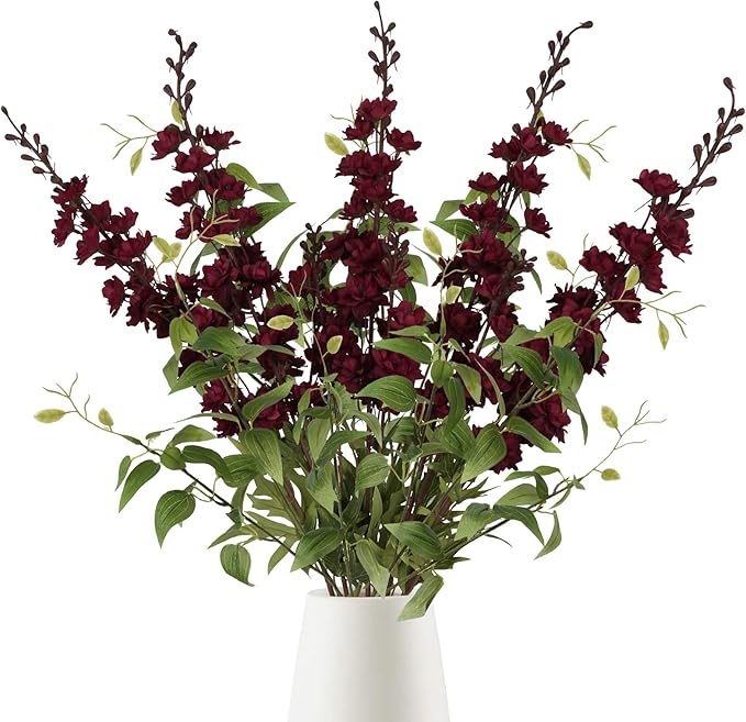 IPOPU Dark Red Flowers Artificial Delphinium 9PCS Burgundy Larkspur Artificial Flowers with Clematis Greenery Burgundy Sil...