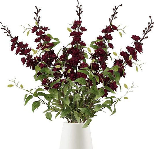 IPOPU Dark Red Flowers Artificial Delphinium 9PCS Burgundy Larkspur Artificial Flowers with Clematis Greenery Burgundy Sil...