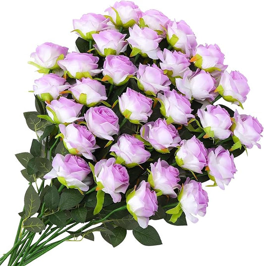 Ovveroche 32 Pcs Light Purple Artificial Flowers Bulk, 20" Silk Gradient Blush Purple Real Touch Roses for DIY Wedding Bri...