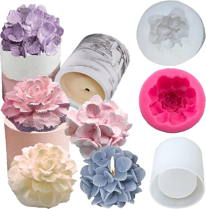 Hydrangea Carnation Flower Candle Soap Silicone Mold,Candle Jar Molds Silicone Cement with Lid,Concrete Vessels Moulds for...