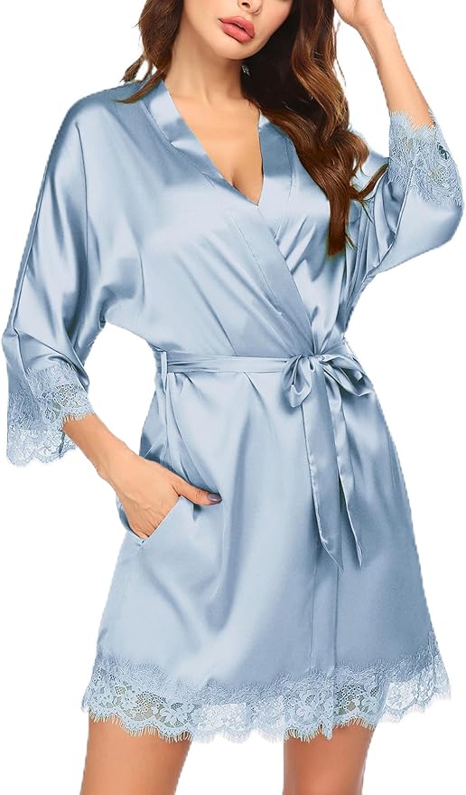 Ekouaer Womens Silk Robe Short Lace Trim Satin Robe 3/4 Sleeve Sexy Kimono Bride Bathrobe Comfy Sleepwear with Pockets