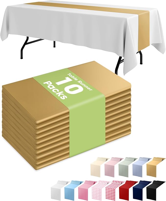 Pureegg Gold Plastic Table Runners - 10 Pack, 14'' x 108'', Water Resistant & Disposable Centerpiece Decorations for Table...