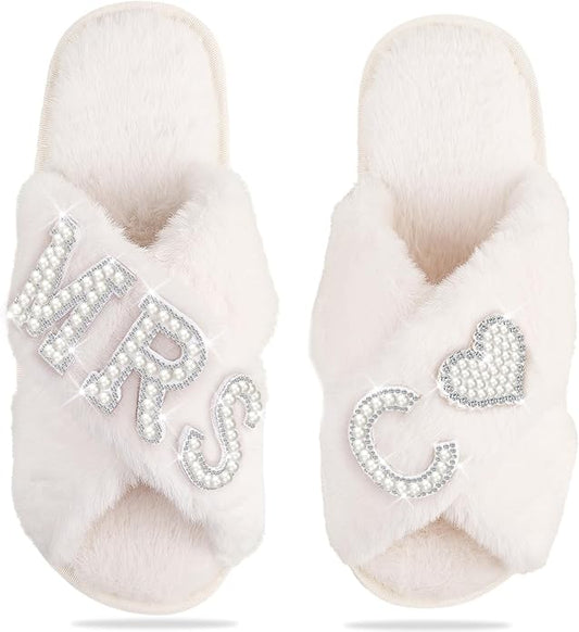 Bride Slippers for Wedding Day, Bride To Be Bridal Shower Gift for Women Bridesmaids, Personalized Initial MRS Pearl Lette...