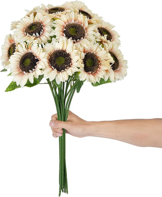 HUAESIN 26" Sunflowers Artificial Flowers Long Stem White Fake Sunflower with 6" Large Heads 12 Pcs Realistic Silk Flower ...