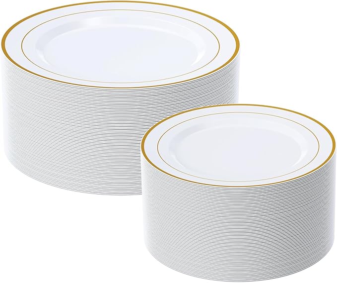 FOCUSLINE Gold Plastic Plates Set of 60, Disposable Plates with Gold Rim 30 Dinner Plates 10" and 30 Salad Dessert Appetiz...