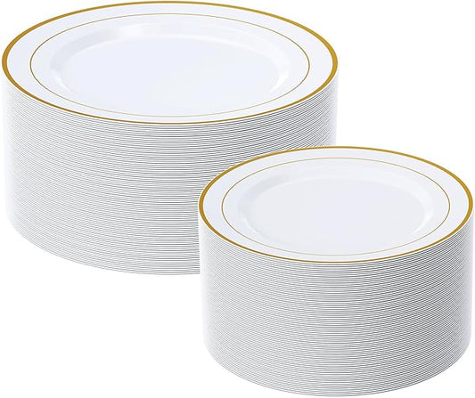 FOCUSLINE Gold Plastic Plates Set of 60, Disposable Plates with Gold Rim 30 Dinner Plates 10" and 30 Salad Dessert Appetiz...