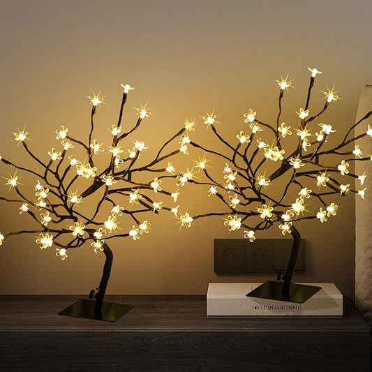 JoyHue 2PK Cherry Blossom Tree Lights,Artificial Bonsai Tree with 48 Warm White Led Lights, 16.2 Inch Prelit Cherry Blosso...