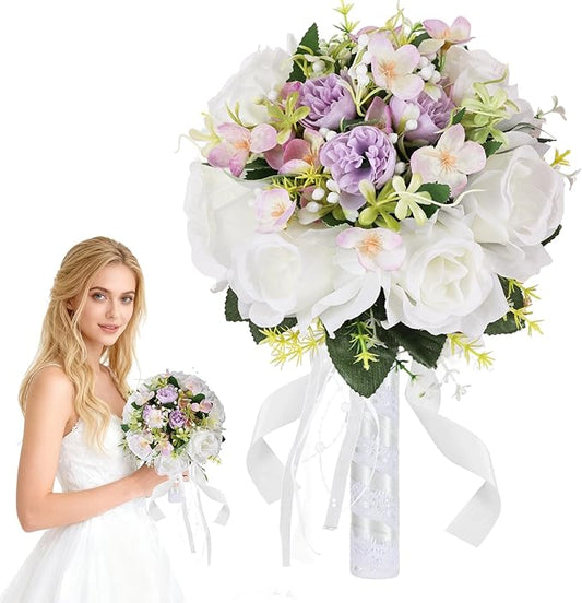 Qeedy Wedding Bouquet for Bride – 8 Inch Artificial Silk Roses, Realistic Bridal & Bridesmaid Bouquet for Ceremony, Churc...