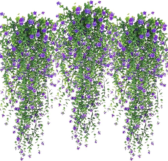 Artificial Hanging Flowers, 3 Pcs Fake Hanging Plants Decor, Artificial Vines for Outdoors, UV Resistant No Fade Artificia...