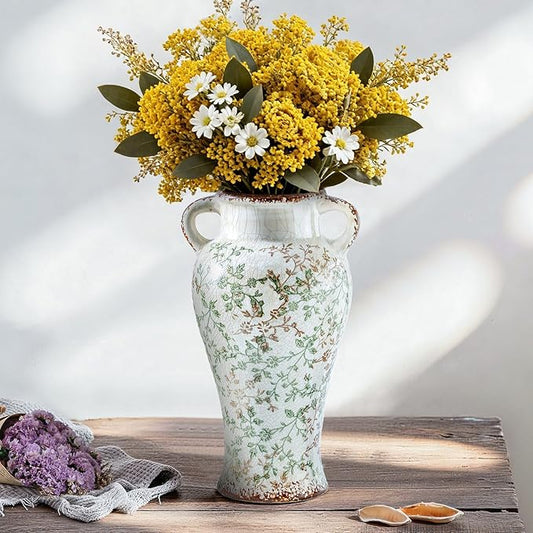 Enra Farmhouse Vintage vase with Handle,12.6 in Ceramic Chinoiserie Floral Vase,Green and Beige Decorative Flower vase,Lar...