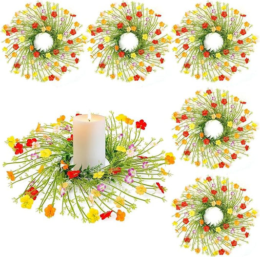 6 Pcs Mini Wild Flower Candle Rings Wreaths Artificial Colorful Wildflower Pillar Candle Holders Wreath for Spring Summer ...