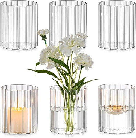 Glasseam Glass Cylinder Vases for Centerpieces: Clear Ribbed Flower Vases for Pillar Candle - 6Pcs Modern Hurricane Floati...
