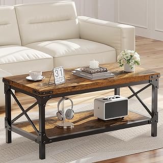 Rectangle Coffee Tables for Living Room, Wood Rectangular Coffee Table, 2 Tier Industrial Modern Center Table with Thicken...