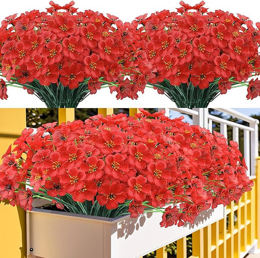 Kinisty 20 Bundles Outdoor Artificial Flowers UV Resistant with Red Faux Silk Flowers and No Fade Fake Plastic Plants for ...