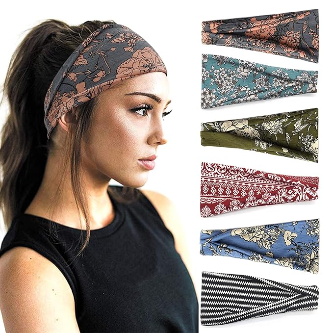 YONUF Boho Headbands For Women Fashion Wide Headband Yoga Workout Head Bands Hair Accessories Band 6 Pack