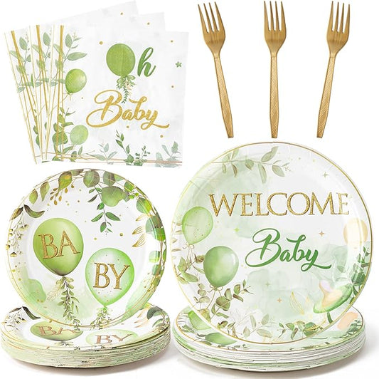 G1ngtar 96Pcs Welcome Baby Greenery Baby Shower Sage Green Balloon Party Plates Supplies Tableware Decorations Disposable ...