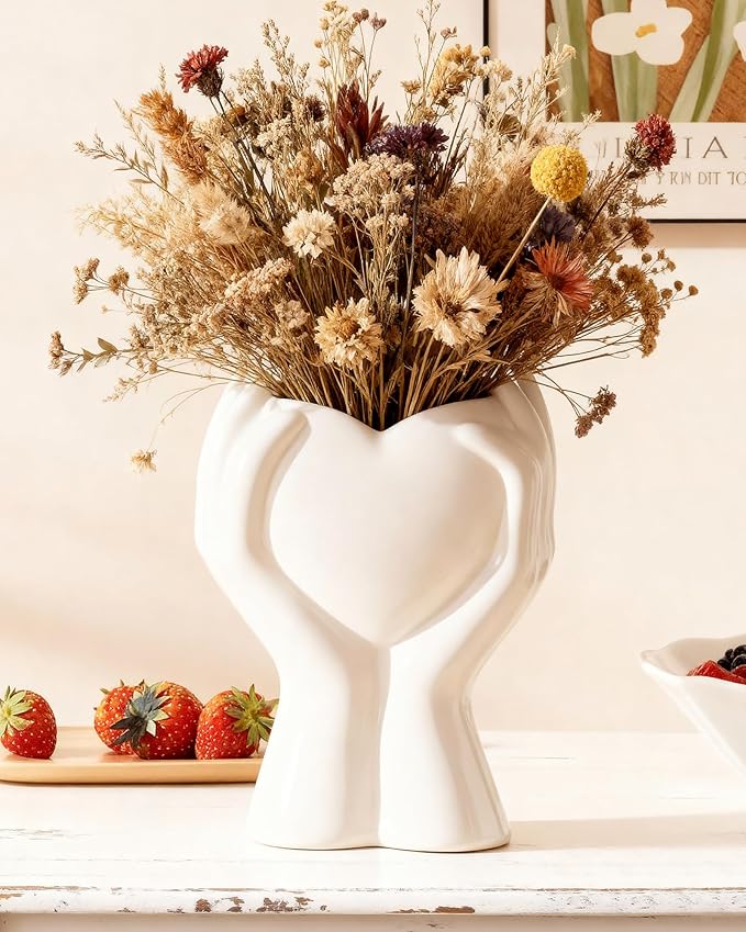 A Heart Held in Two Hands White Vases for Flowers - Cute Modern Small Ceramic Flower Vase for Pampas Grass - Decorative Ta...