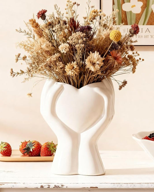 A Heart Held in Two Hands White Vases for Flowers - Cute Modern Small Ceramic Flower Vase for Pampas Grass - Decorative Ta...