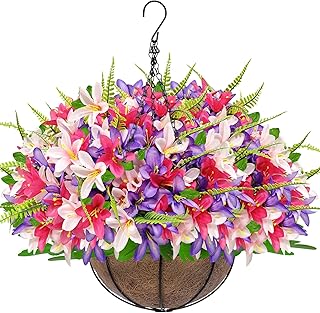 Faux Hanging Plants Flowers Basket Hyacinth & Boston Ferns for Outdoor Outside Spring Summer Decoration, UV Resistant Colo...