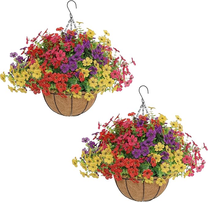 Senjie 2 Set Artificial Hanging Flowers with Basket for Outdoor Decor, UV Resistant 24 Bundles Faux Flowers Fake Hanging P...