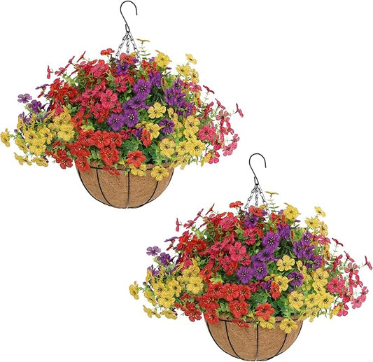 Senjie 2 Set Artificial Hanging Flowers with Basket for Outdoor Decor, UV Resistant 24 Bundles Faux Flowers Fake Hanging P...