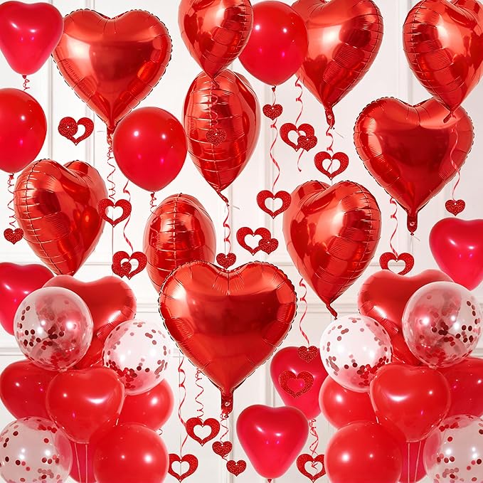 Red Heart Balloons Set, 30Pcs Heart Shaped Balloons and 50Pcs Red Hanging Streamer for Valentines Decorations, Proposal, W...