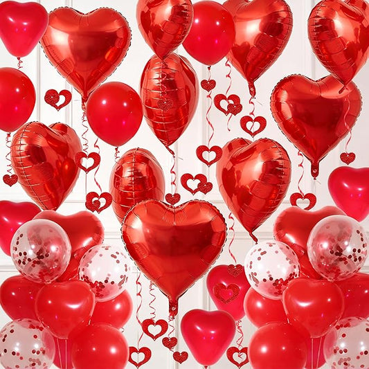 Red Heart Balloons Set, 30Pcs Heart Shaped Balloons and 50Pcs Red Hanging Streamer for Valentines Decorations, Proposal, W...