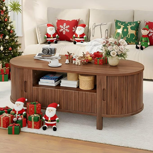 47 Inch Oval Coffee Table, Fluted Coffee Tables with Storage, Mid-Century Modern Living Room Tables, Center Table with Sli...