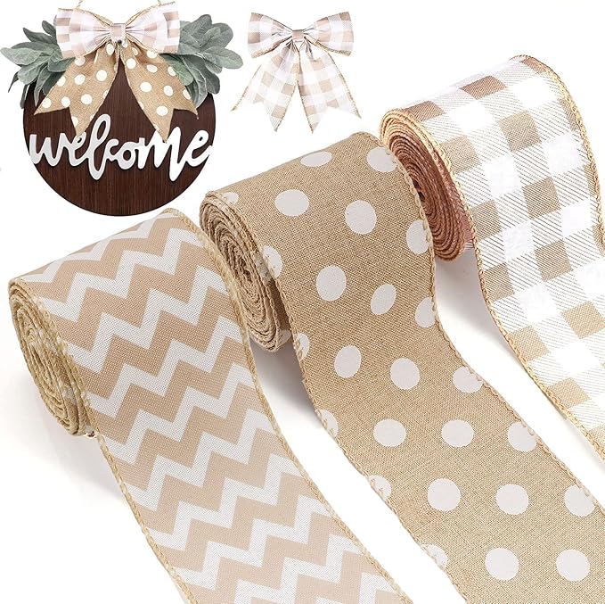 3 Rolls Burlap Wired Ribbons 15 Yards Stripe Dot Buffalo Plaid Pattern Wrapping Gingham Grosgrain Ribbon for DIY Crafts Pa...
