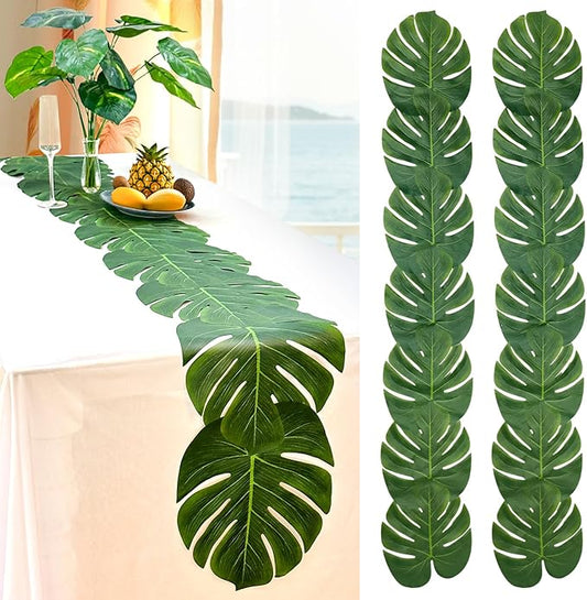 AerWo 2Pcs Artificial Palm Leaves Green Table Runner, Summer Tropical Leaf Table Runners 72 inches Long for Wedding Moana ...