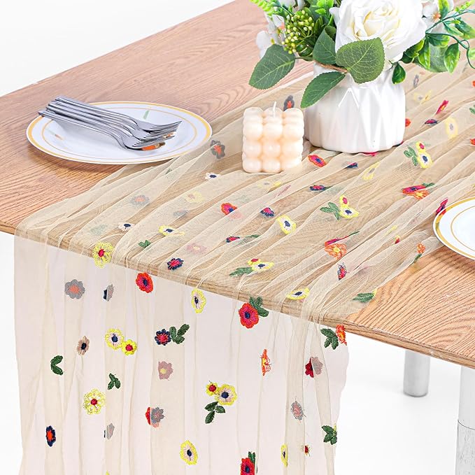 Summer Flower Table Runner Floral Gauze Table Runners 120in/10ft Embroidery Daisy Flowers Tulle Tables Cloth for Spring Su...