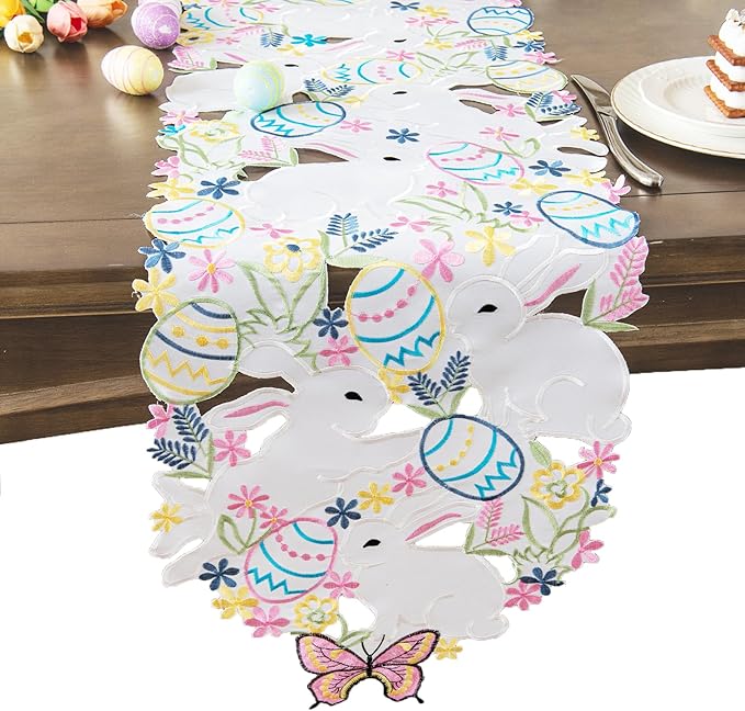 Joyfol Day Easter Bunnys Table Runner, Cutwork Embroidered Floral Eggs Butterfly Table Runners, Colorful Flower Dresser Sc...